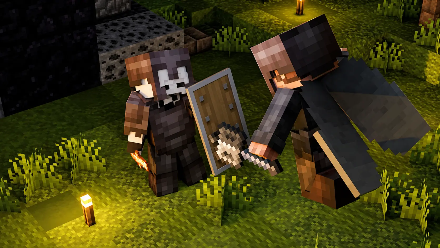 Dois personagens de Minecraft preparando-se para uma batalha