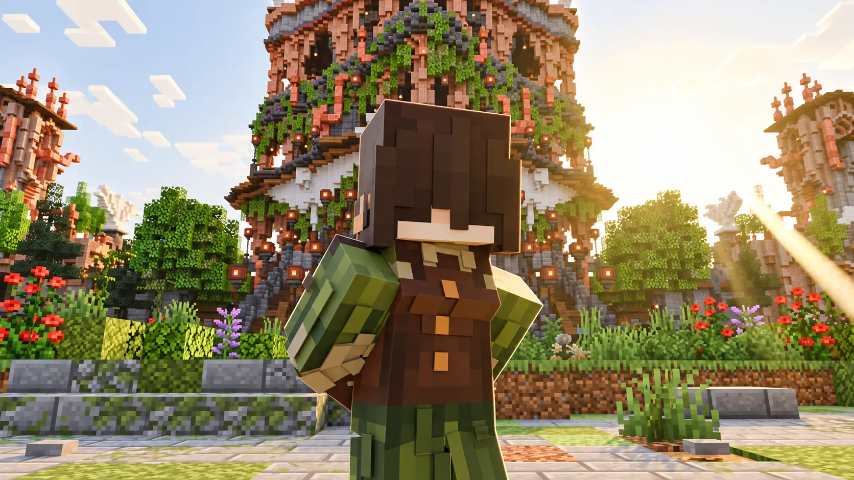 Personagem de Minecraft diante de uma construção cercada por jardins