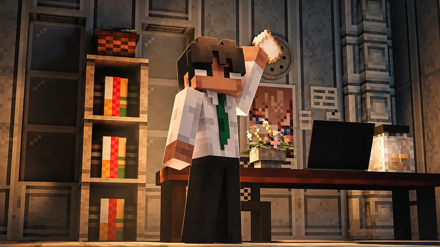 Personagem de Minecraft trabalhando em um escritório